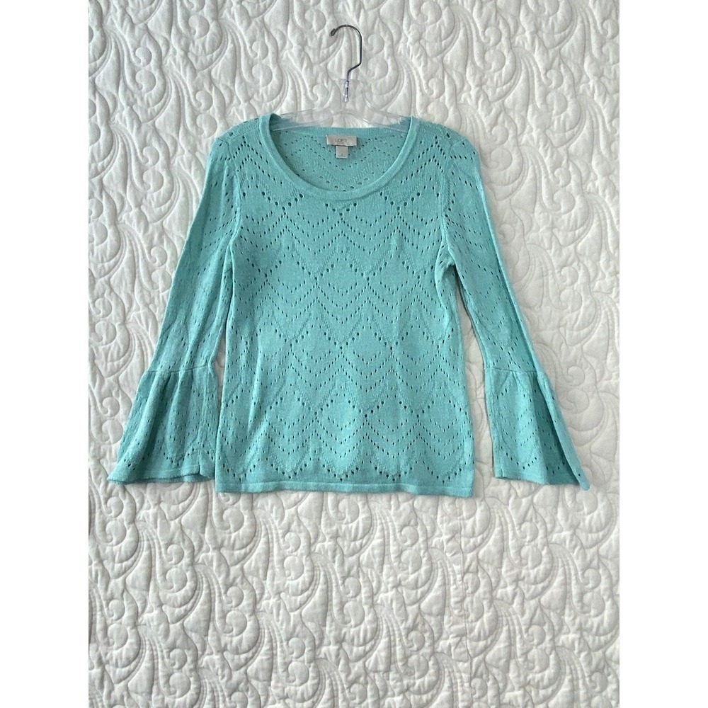 Loft Sweater Bell Sleeves Aqua Blue Womens Small Chevron Loose Knit Top